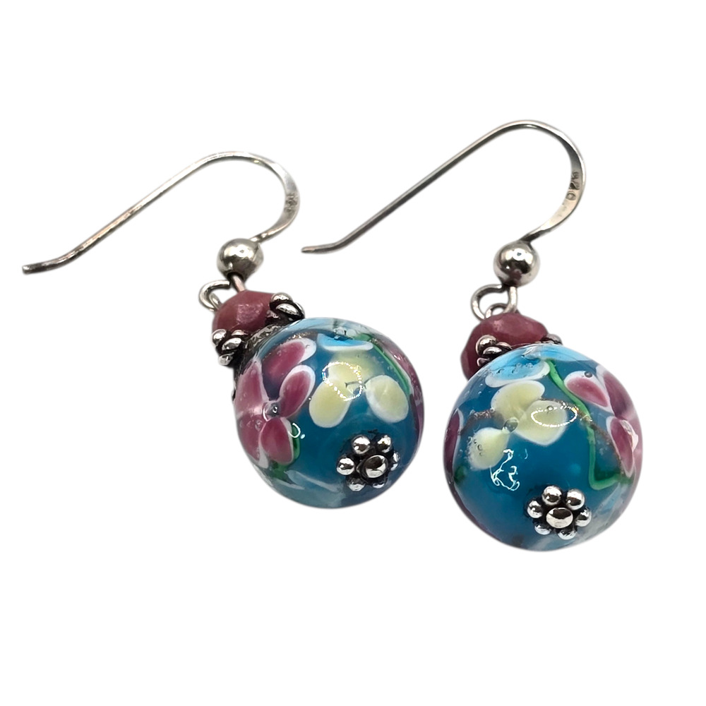 Earrings Lampwork Sterling Silver 925 Accent Dangle Floral Glass Bead Boho S2942 - Picture 3 of 6
